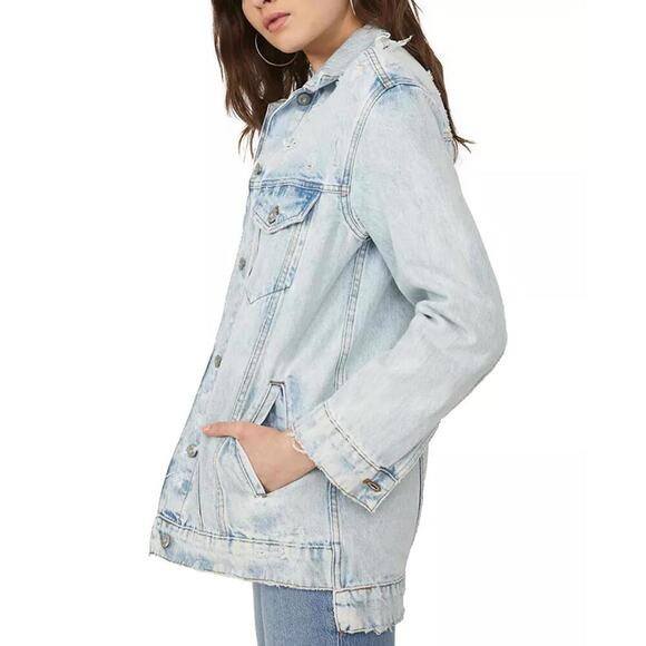 065 Free People We The Free Destroyed Long & Lean Denim Jacket (Small, EUC) - Picture 2 of 6